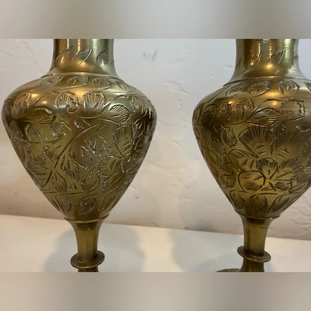 Vintage Pair of 2 Solid Brass Etched Floral Scalloped Vases signed Made in India